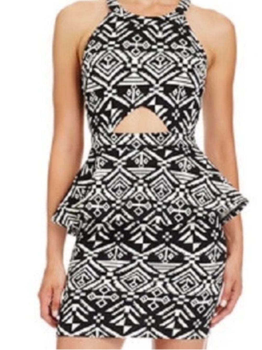 NWT bebe 2b black White cutout Peplum Geo Print zip back  top dress S Small